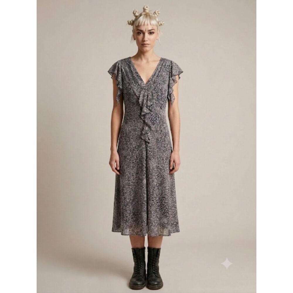 Vtg 90s Leopard Print Ruffle Midi Dress Sz 10 Grunge Gray Whimsigoth JBS Limited